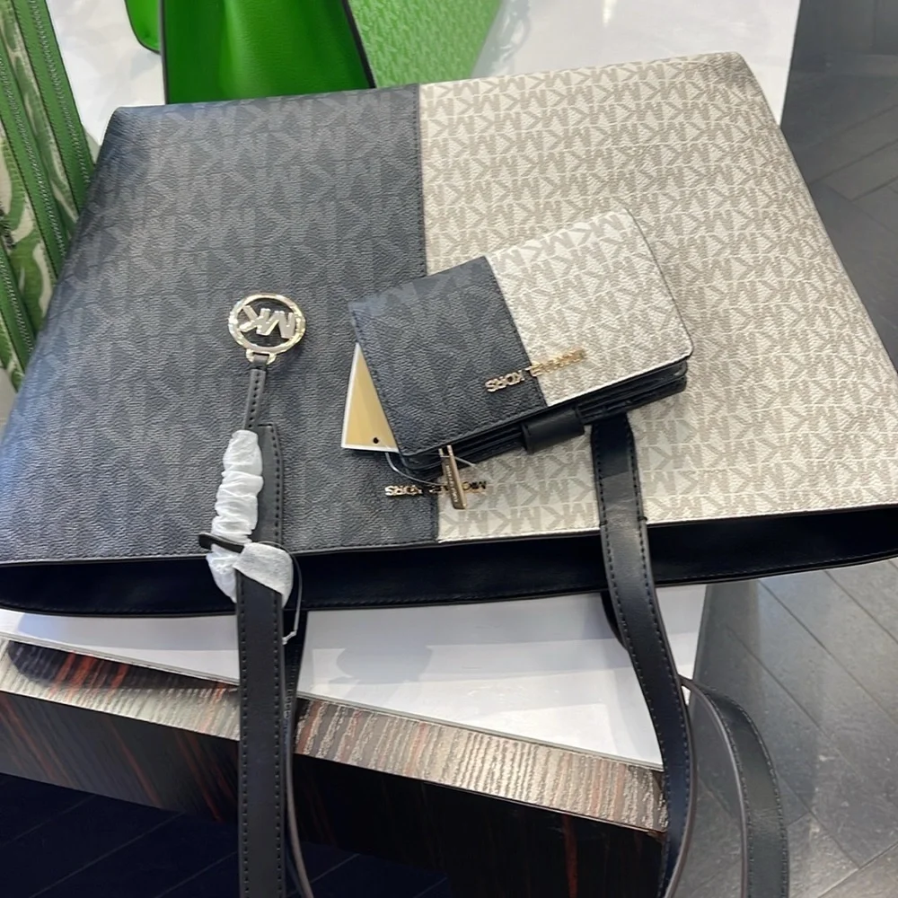Michael Kors Jet Set Medium Two-Tone Logo Tote & Medium Two-Tone Logo Wallet NWT